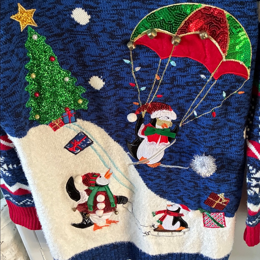 United States Seeaters sz 1X Ugly Christmas Festive Blue Sweater Penguins - Picture 2 of 7